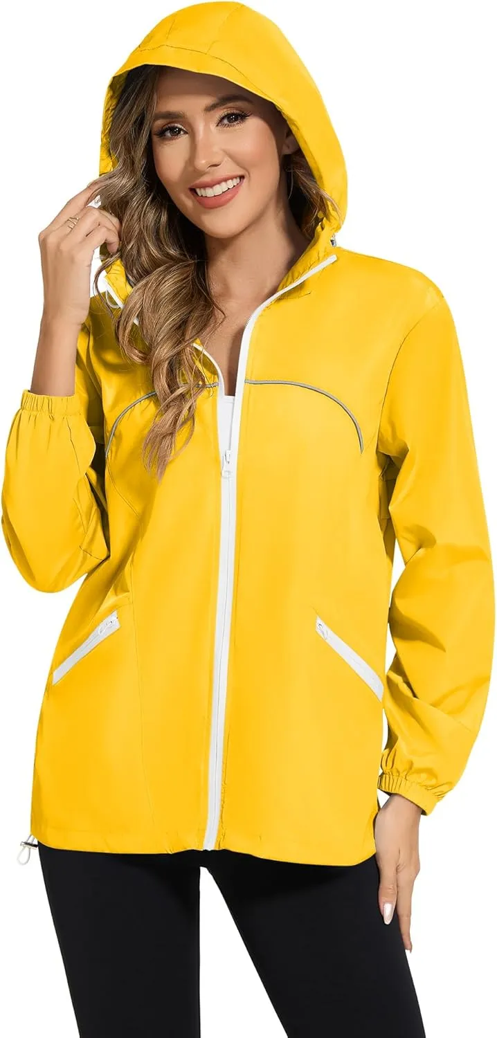 Avoogue Waterproof Jacket with Hood Packable Raincoats for Women Reflective Jacket Windbreaker