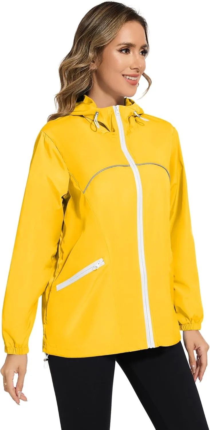 Avoogue Waterproof Jacket with Hood Packable Raincoats for Women Reflective Jacket Windbreaker