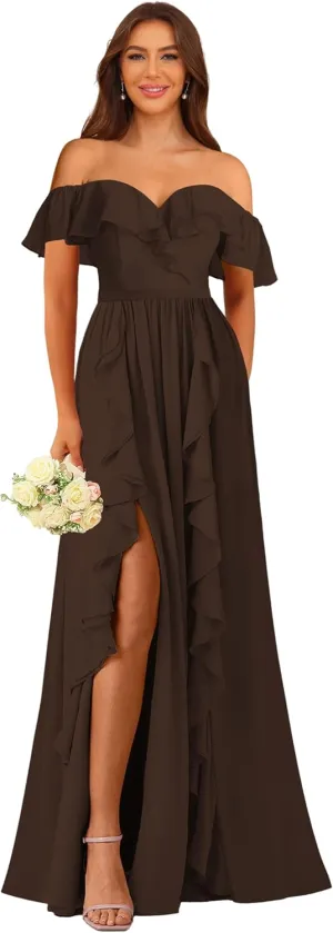Bridesmaid Dress Women's Formal Dresses Long with Slit Off Shoulder Chiffon Ruffle Hemline Wedding Guest Dress