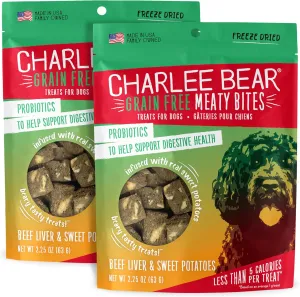 Charlee Bear Grain Free Meaty Bites Freeze Dried Dog Treats with Probiotics, Puppy Training Snacks, Soft Dog Bites Beef Liver with Sweet Potato, 2.25 oz Bags (2), Made USA