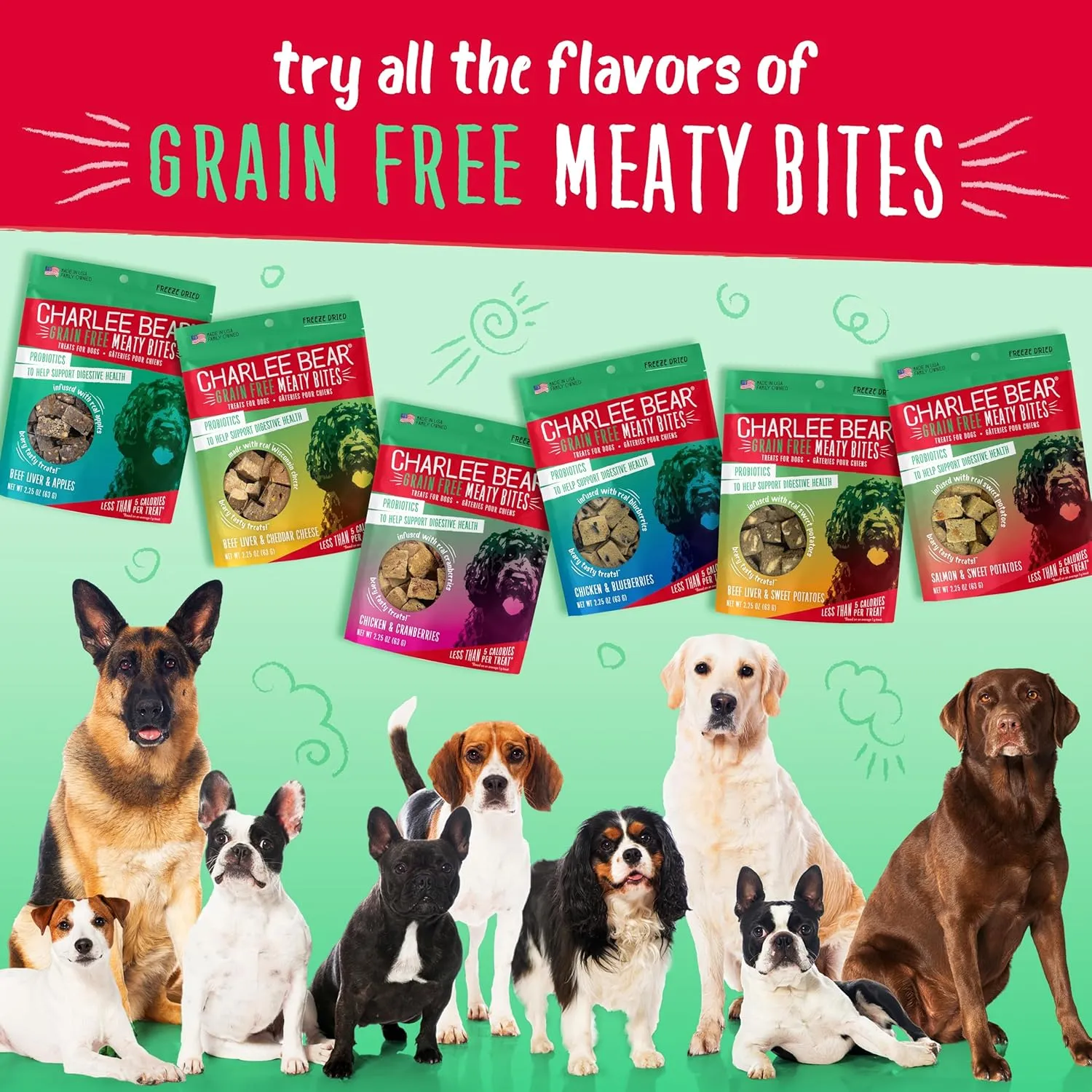 Charlee Bear Grain Free Meaty Bites Freeze Dried Dog Treats with Probiotics, Puppy Training Snacks, Soft Dog Bites Beef Liver with Sweet Potato, 2.25 oz Bags (2), Made USA