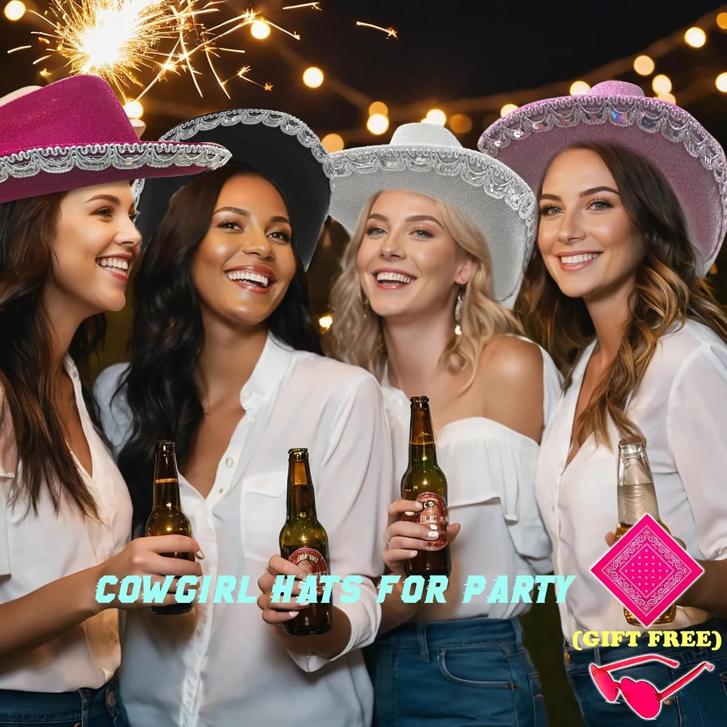 Cowboy Hat Pink Cowgirl Hat with Sequins & Tiara Belt for Women Rodeo Party Hats with Heart Glasses