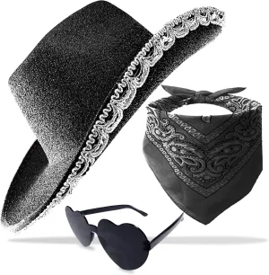Cowboy Hat Pink Cowgirl Hat with Sequins & Tiara Belt for Women Rodeo Party Hats with Heart Glasses