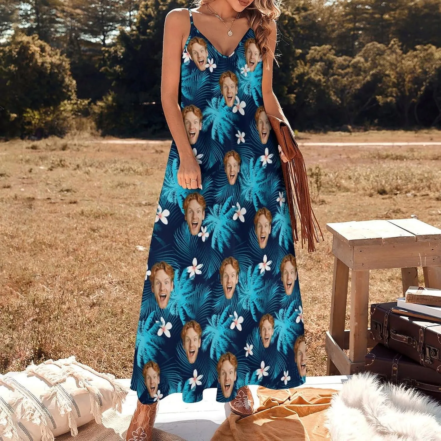 Custom Summer Dresses for Women, Personalized Face Photo Dresses, Sexy Long/Short Casual Beach Sleeveless Sundress Gift