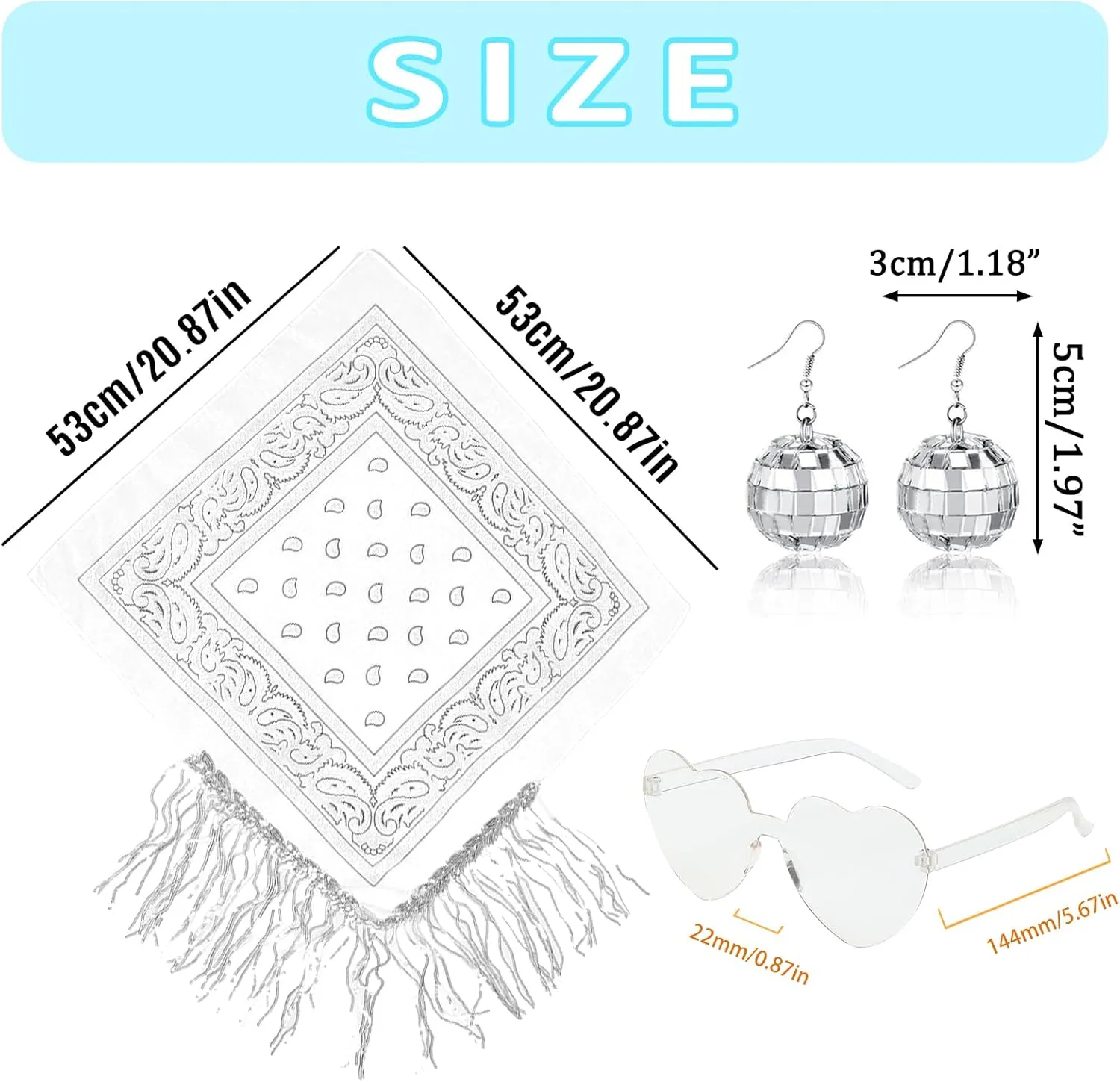 DAJOOEE Fringe Rhinestone Bandana with Heart Sunglasses & Disco Ball Earrings, Disco Cowgirl Bachelorette Bandanas for Women