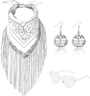 DAJOOEE Fringe Rhinestone Bandana with Heart Sunglasses & Disco Ball Earrings, Disco Cowgirl Bachelorette Bandanas for Women