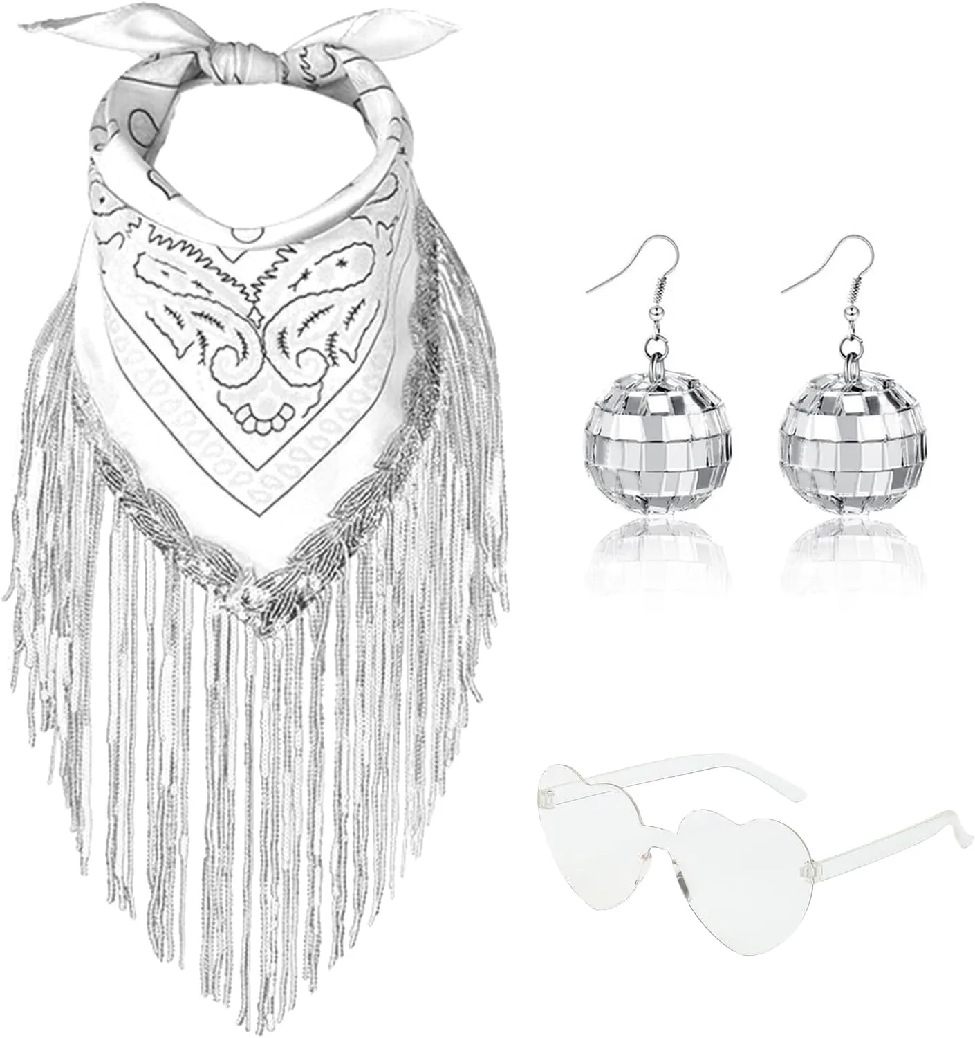 DAJOOEE Fringe Rhinestone Bandana with Heart Sunglasses & Disco Ball Earrings, Disco Cowgirl Bachelorette Bandanas for Women