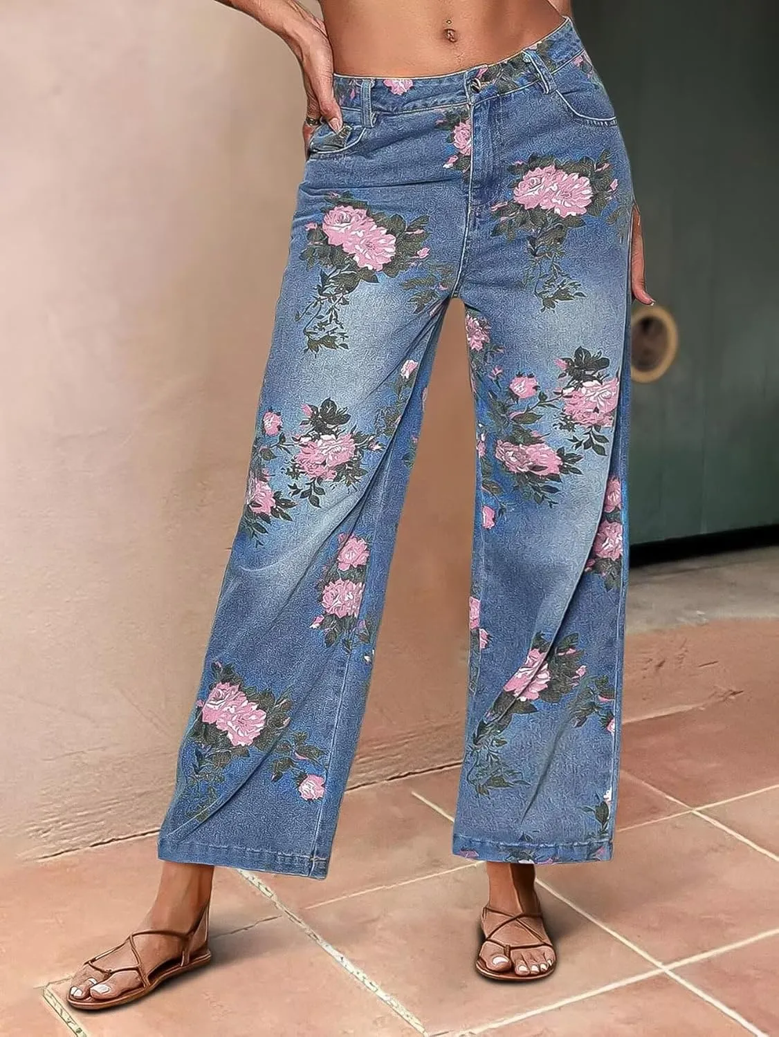 Flamingals High-Rise Vintage Floral Straight Leg Pants for Women Summer Casual Denim Pants