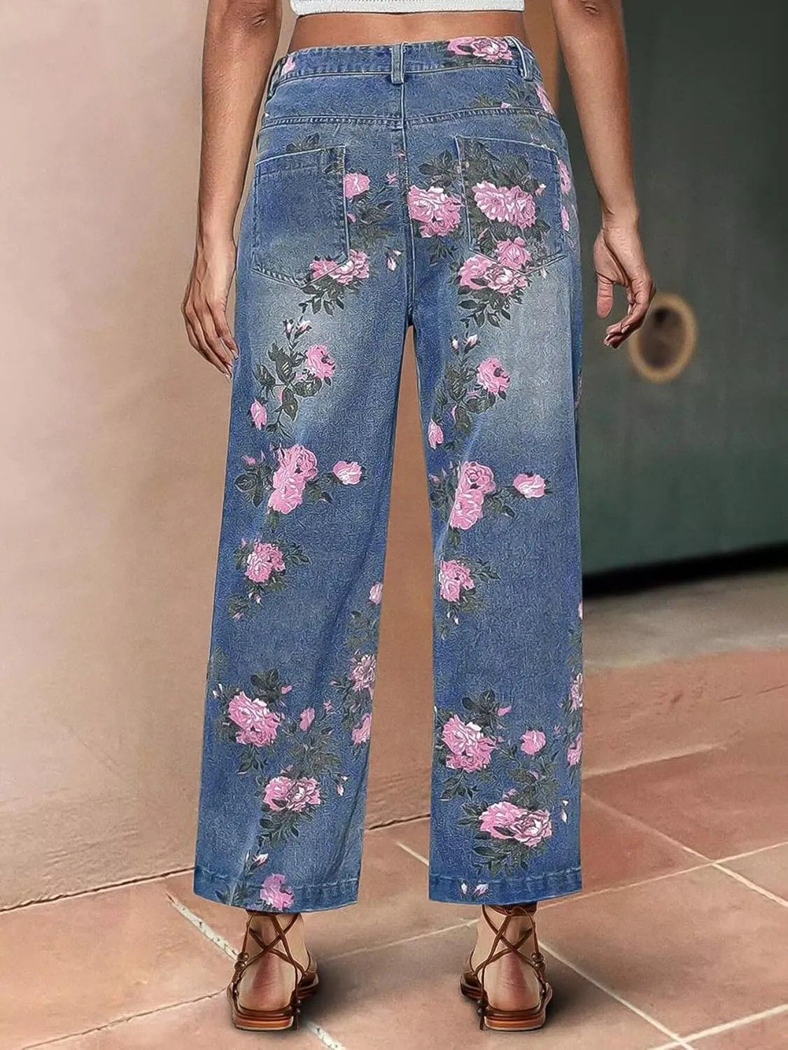 Flamingals High-Rise Vintage Floral Straight Leg Pants for Women Summer Casual Denim Pants