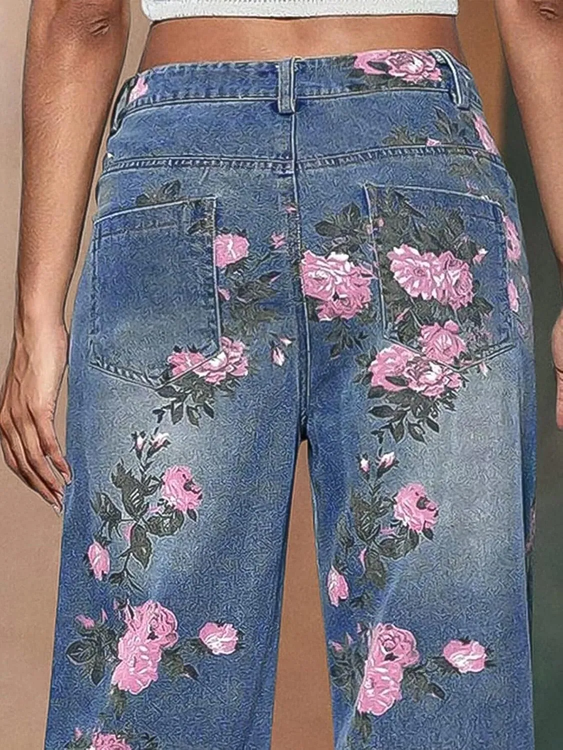 Flamingals High-Rise Vintage Floral Straight Leg Pants for Women Summer Casual Denim Pants