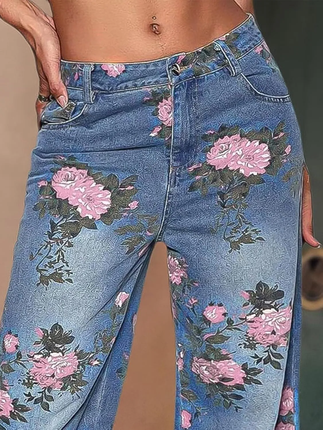 Flamingals High-Rise Vintage Floral Straight Leg Pants for Women Summer Casual Denim Pants