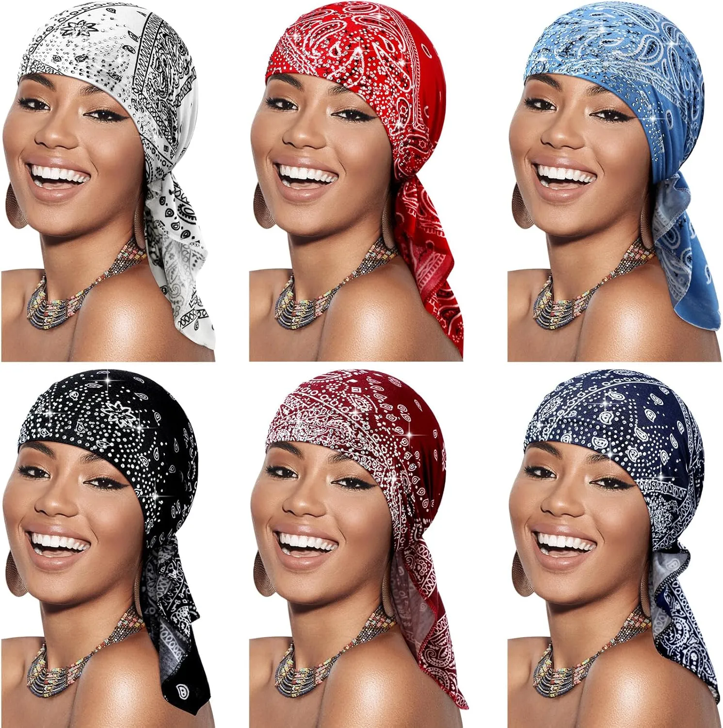 Geyoga 6 Packs Rhinestone Head Scarf Stretchy Head Wrap Women Bandana Beanie Pre Tied Durag Turban Cap Skull Cap Headbands