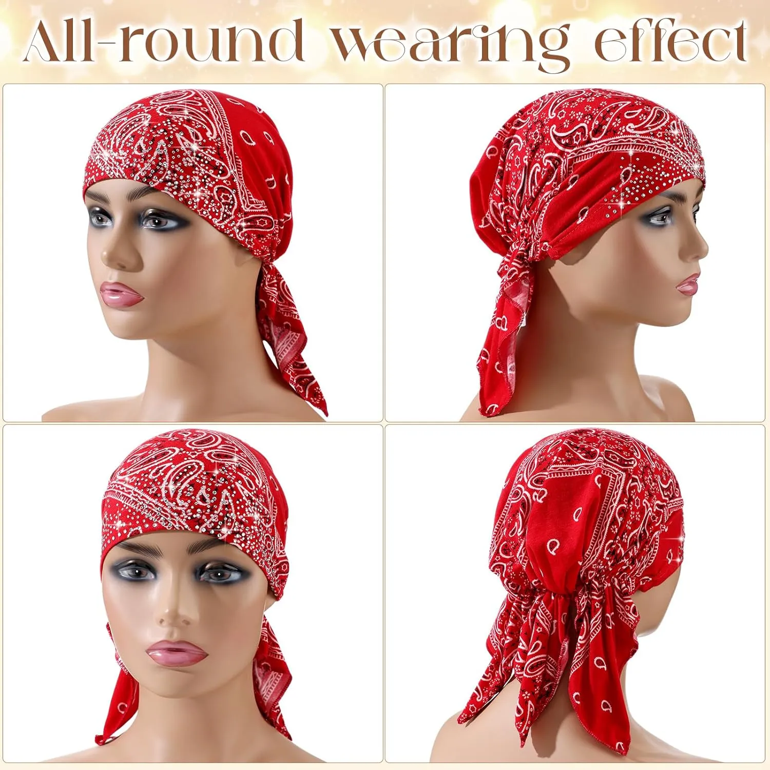 Geyoga 6 Packs Rhinestone Head Scarf Stretchy Head Wrap Women Bandana Beanie Pre Tied Durag Turban Cap Skull Cap Headbands