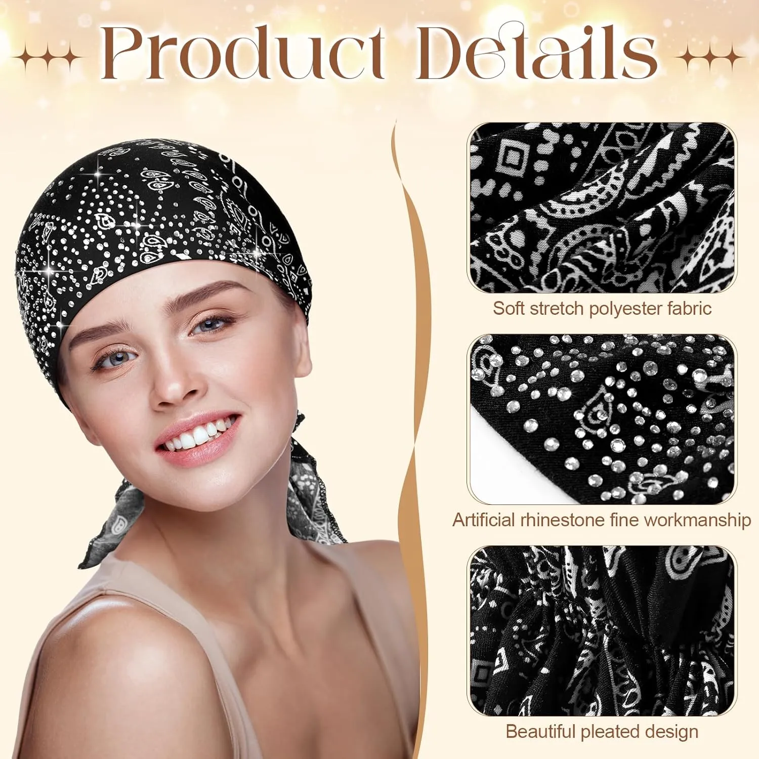 Geyoga 6 Packs Rhinestone Head Scarf Stretchy Head Wrap Women Bandana Beanie Pre Tied Durag Turban Cap Skull Cap Headbands
