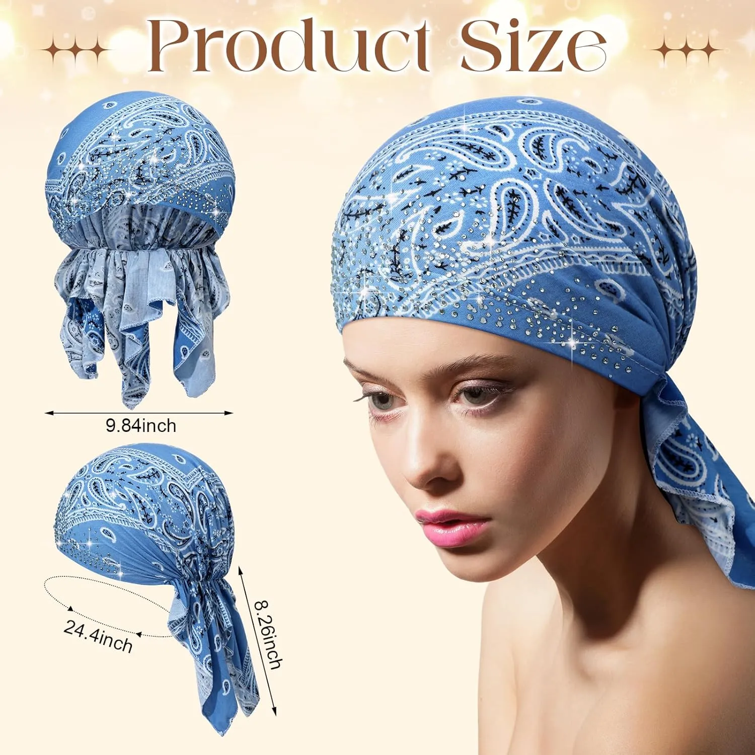 Geyoga 6 Packs Rhinestone Head Scarf Stretchy Head Wrap Women Bandana Beanie Pre Tied Durag Turban Cap Skull Cap Headbands