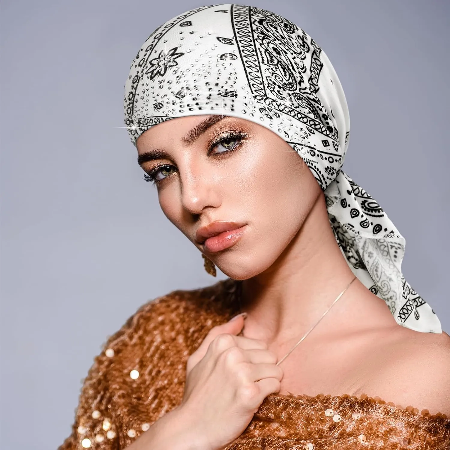 Geyoga 6 Packs Rhinestone Head Scarf Stretchy Head Wrap Women Bandana Beanie Pre Tied Durag Turban Cap Skull Cap Headbands