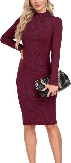 GRECERELLE Womens 2025 Fall & Winter Outfits Sweater Dress Mock Neck Long Sleeve Slim Fit Ribbed Knit Bodycon Midi Dress