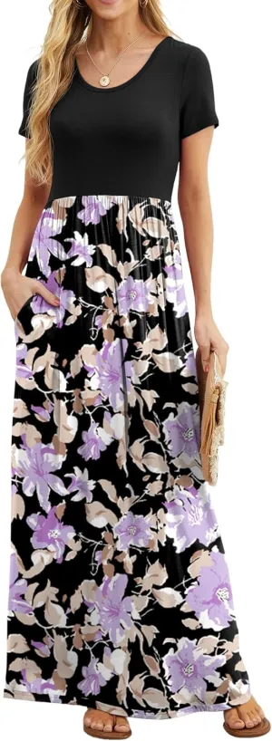 GRECERELLE Women's Short Sleeve Maxi Dresses Casual Long Dresses with Pockets