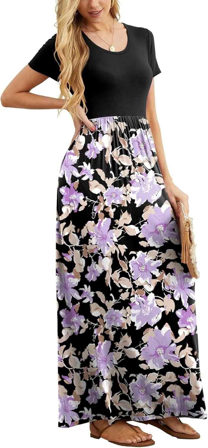 GRECERELLE Women's Short Sleeve Maxi Dresses Casual Long Dresses with Pockets