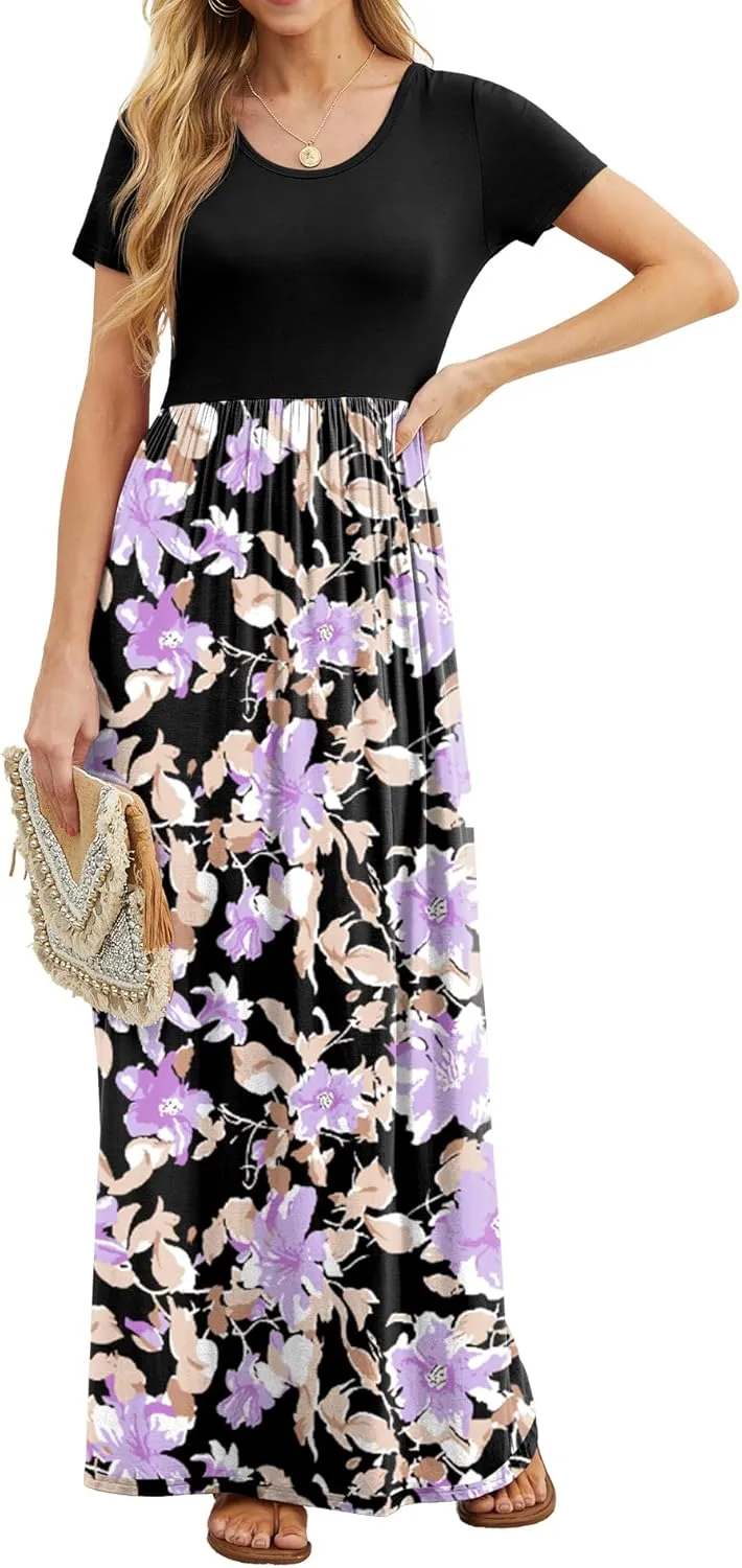 GRECERELLE Women's Short Sleeve Maxi Dresses Casual Long Dresses with Pockets
