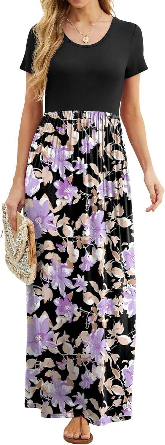 GRECERELLE Women's Short Sleeve Maxi Dresses Casual Long Dresses with Pockets