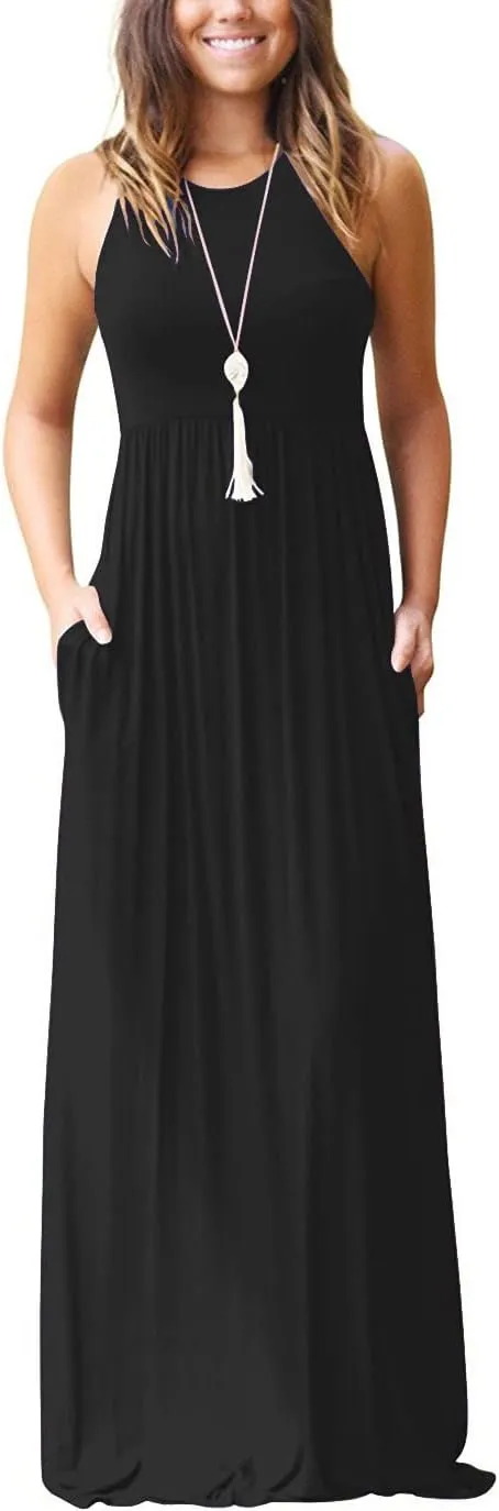 GRECERELLE Women's Sleeveless Racerback Maxi Dress Floral Print Casual Long Dresses with Pockets