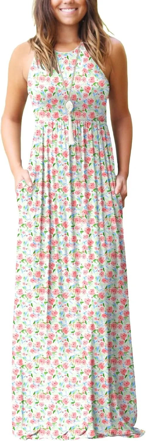 GRECERELLE Women's Sleeveless Racerback Maxi Dress Floral Print Casual Long Dresses with Pockets