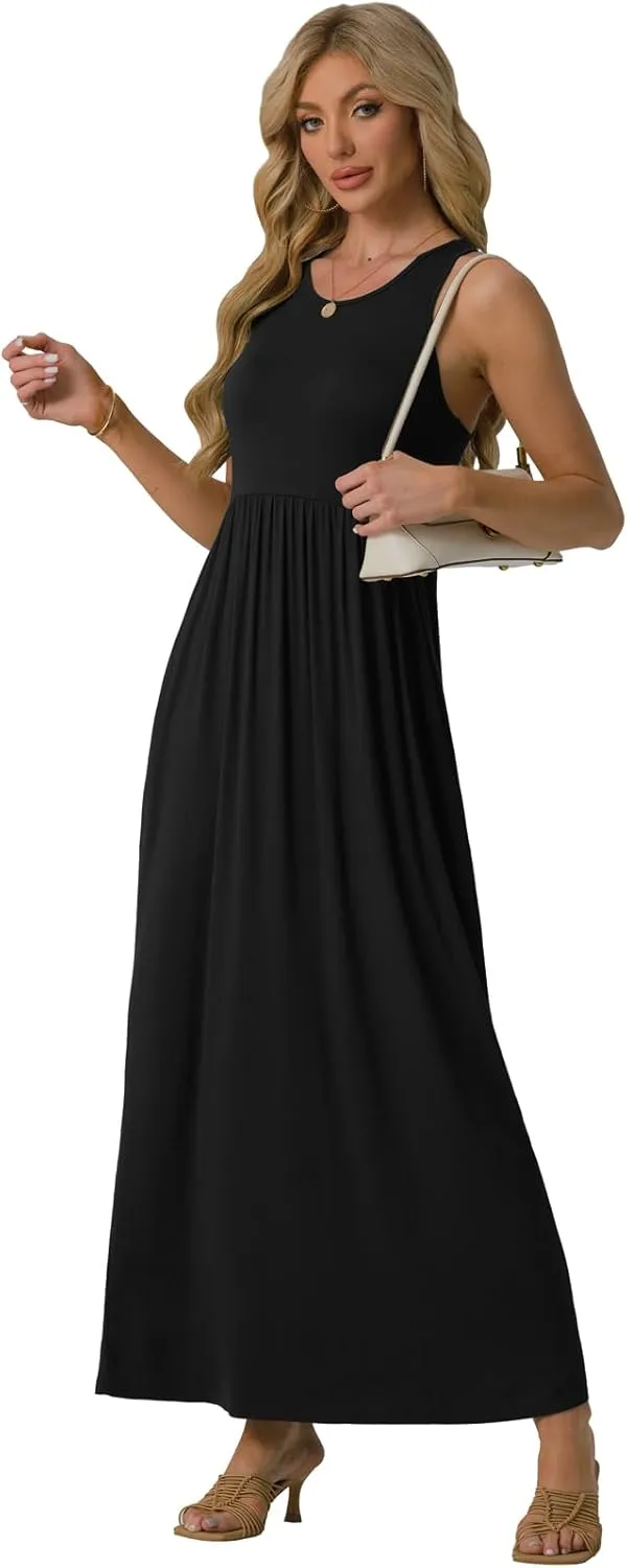 GRECERELLE Women's Sleeveless Racerback Maxi Dress Floral Print Casual Long Dresses with Pockets