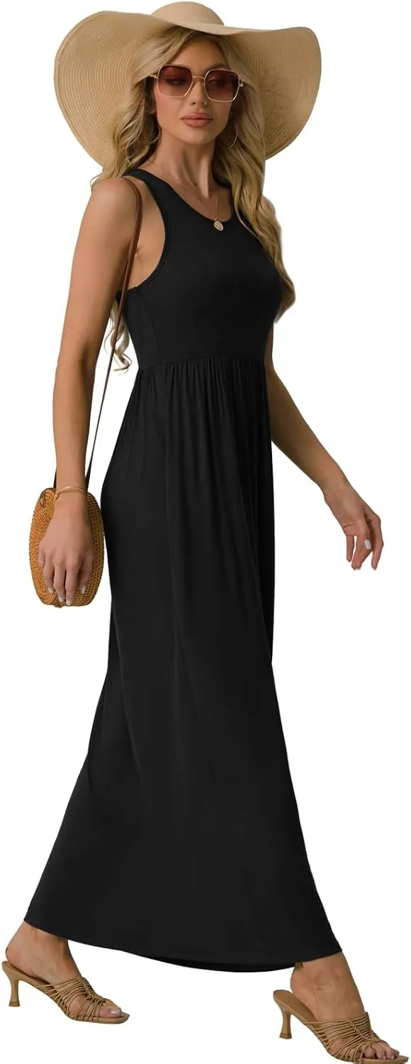 GRECERELLE Women's Sleeveless Racerback Maxi Dress Floral Print Casual Long Dresses with Pockets