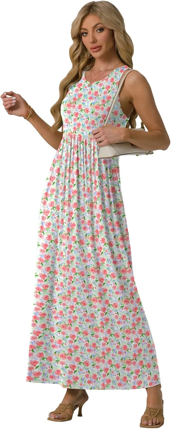 GRECERELLE Women's Sleeveless Racerback Maxi Dress Floral Print Casual Long Dresses with Pockets