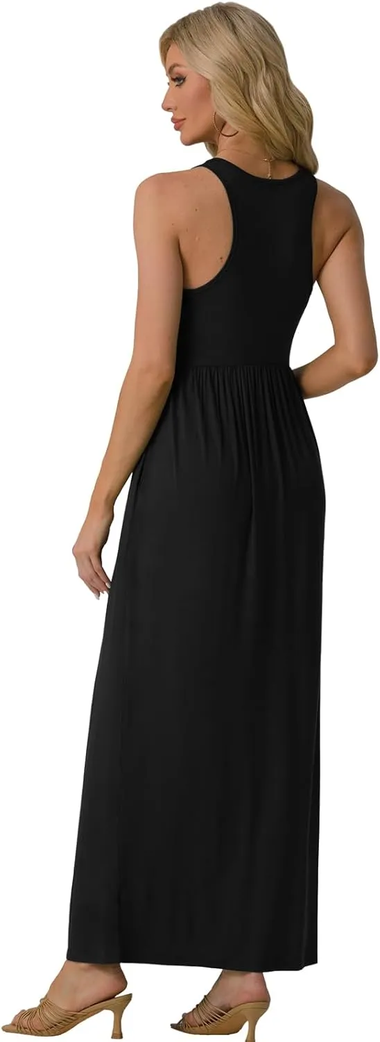 GRECERELLE Women's Sleeveless Racerback Maxi Dress Floral Print Casual Long Dresses with Pockets