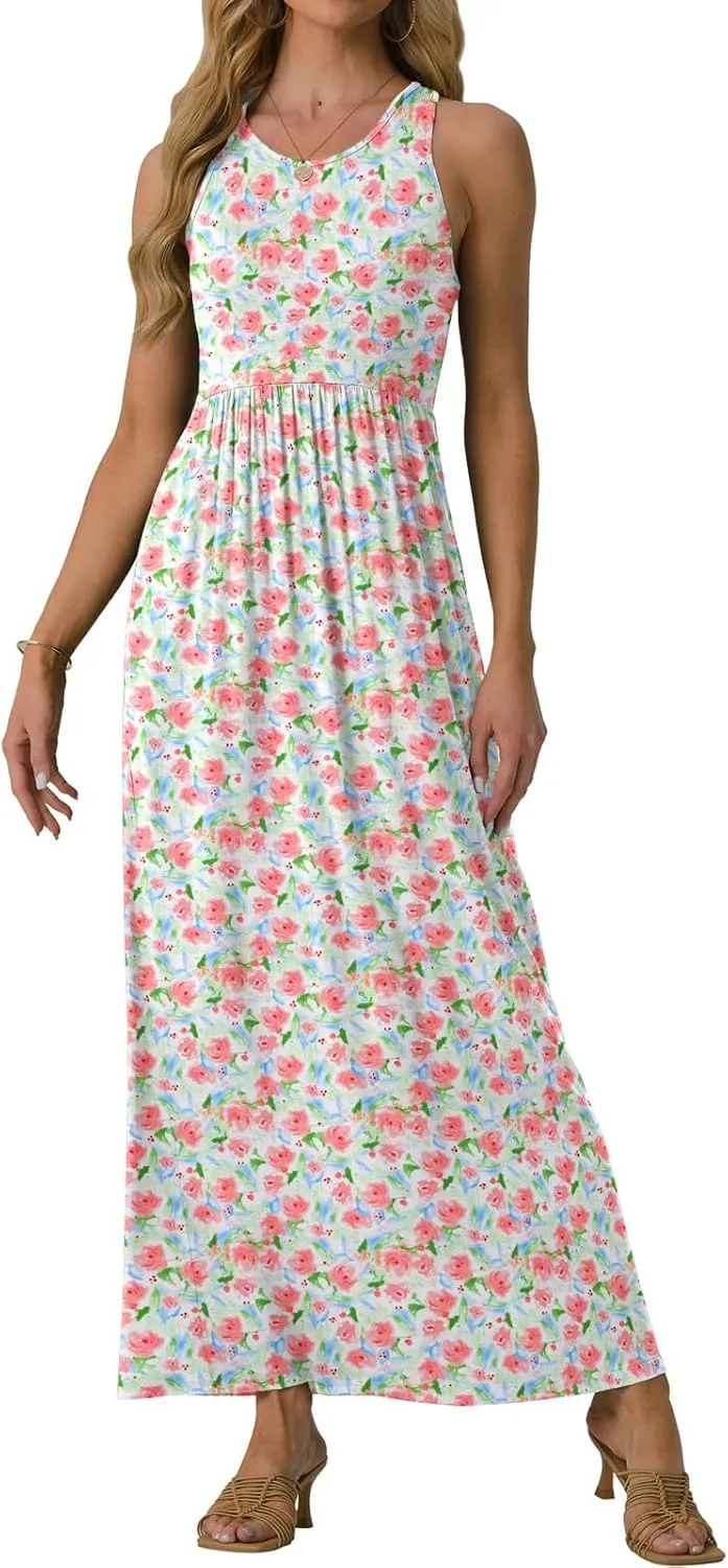 GRECERELLE Women's Sleeveless Racerback Maxi Dress Floral Print Casual Long Dresses with Pockets