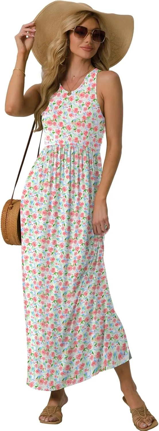 GRECERELLE Women's Sleeveless Racerback Maxi Dress Floral Print Casual Long Dresses with Pockets