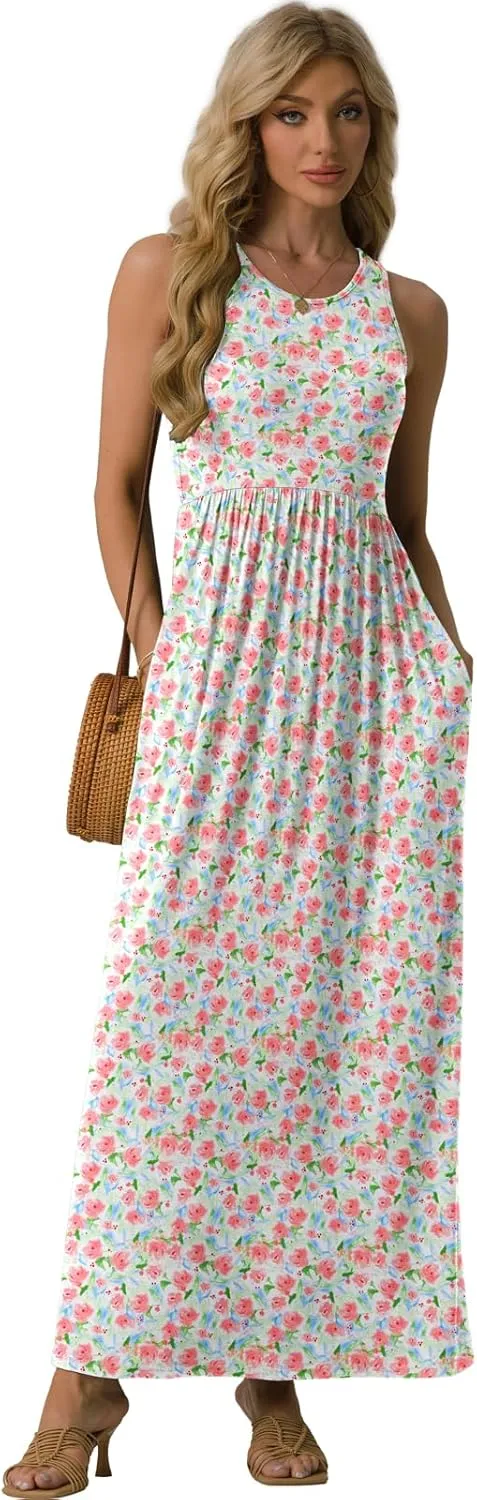 GRECERELLE Women's Sleeveless Racerback Maxi Dress Floral Print Casual Long Dresses with Pockets