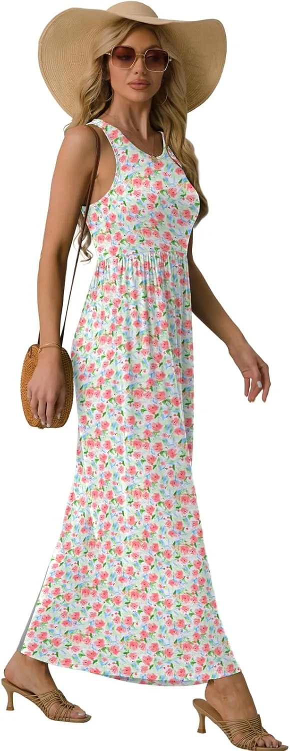 GRECERELLE Women's Sleeveless Racerback Maxi Dress Floral Print Casual Long Dresses with Pockets