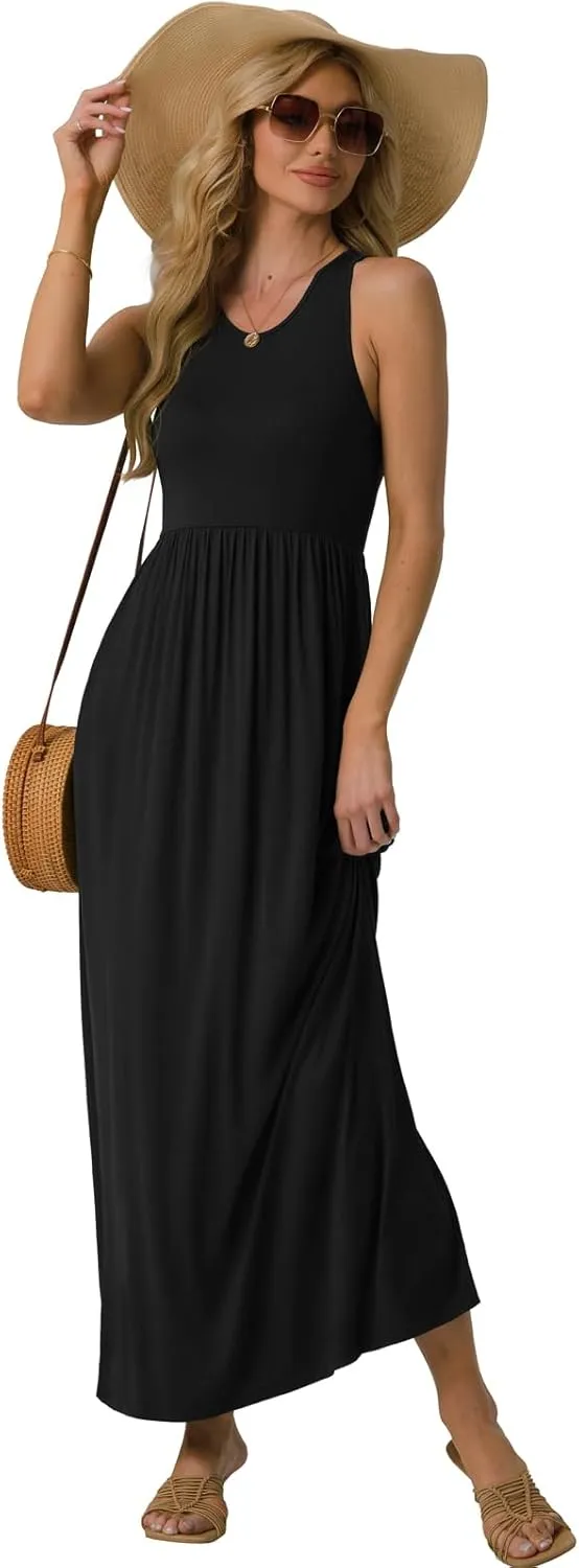 GRECERELLE Women's Sleeveless Racerback Maxi Dress Floral Print Casual Long Dresses with Pockets