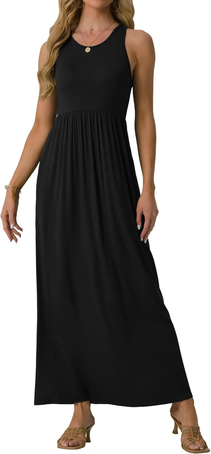 GRECERELLE Women's Sleeveless Racerback Maxi Dress Floral Print Casual Long Dresses with Pockets