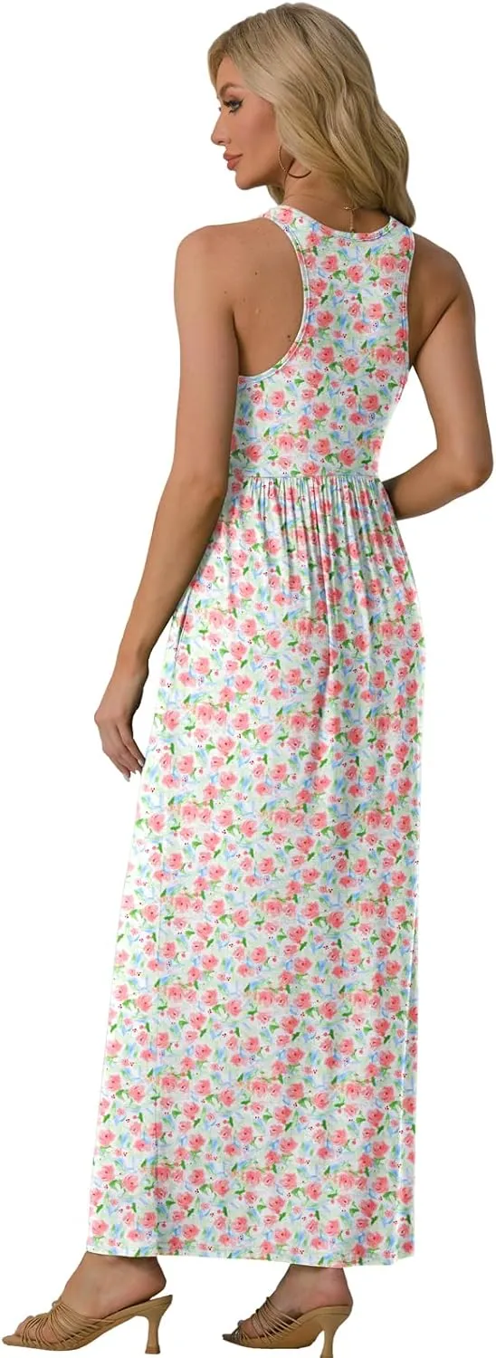 GRECERELLE Women's Sleeveless Racerback Maxi Dress Floral Print Casual Long Dresses with Pockets