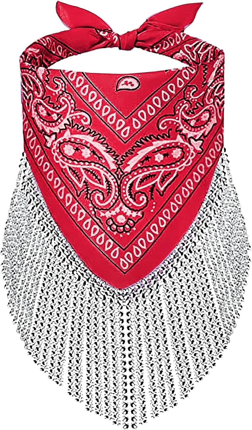Holiberty Rhinestone Fringe Bandana Mask Paisley Western Cowboy Sqaure Scarf Head Wrap Disco Rave Party Bachelorette Bandanas