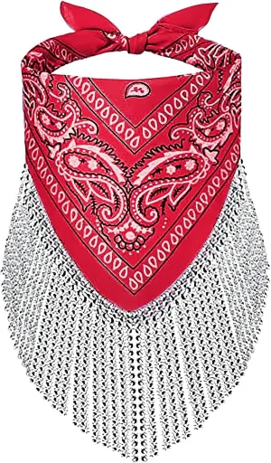Holiberty Rhinestone Fringe Bandana Mask Paisley Western Cowboy Sqaure Scarf Head Wrap Disco Rave Party Bachelorette Bandanas