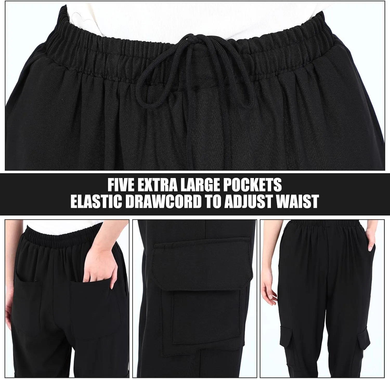 Men's Chef Pants Classic 7 Pocket Chef Cargo Pants Baggy Kitchen Pants with Wide Elastic Waist and Drawstring