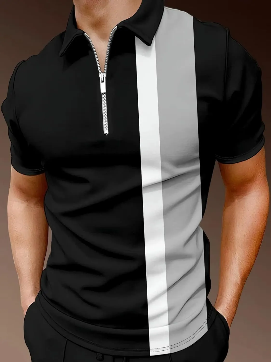 Men's Long Sleeve Polo Shirt Printed Zip Up Casual Slim Fit Golf Shirts Tops