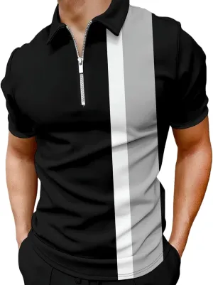 Men's Long Sleeve Polo Shirt Printed Zip Up Casual Slim Fit Golf Shirts Tops