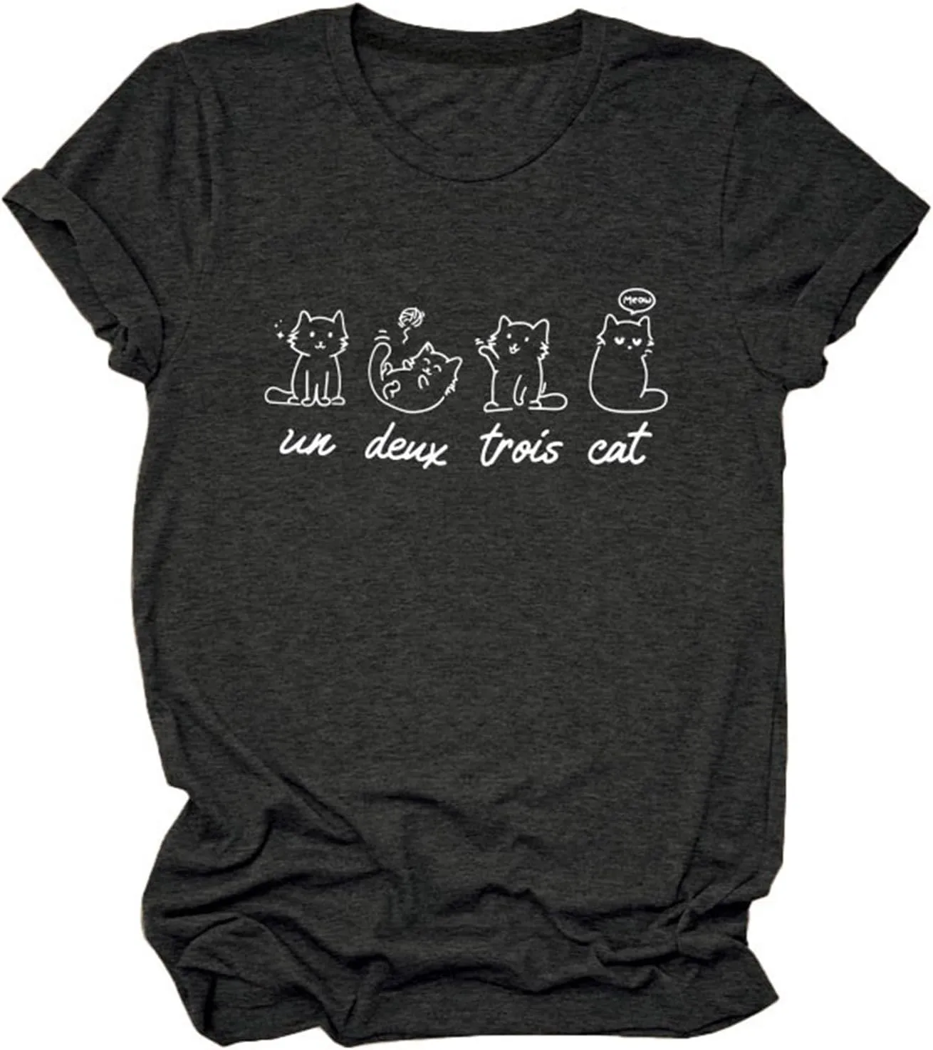 Meow Un Deux Trois Cat Shirt, Meow Cat Cute Graphic Tees for Women Pet Lover Short Sleeve Summer Tops