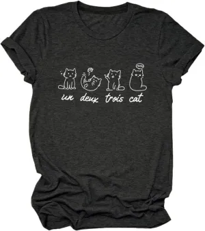 Meow Un Deux Trois Cat Shirt, Meow Cat Cute Graphic Tees for Women Pet Lover Short Sleeve Summer Tops
