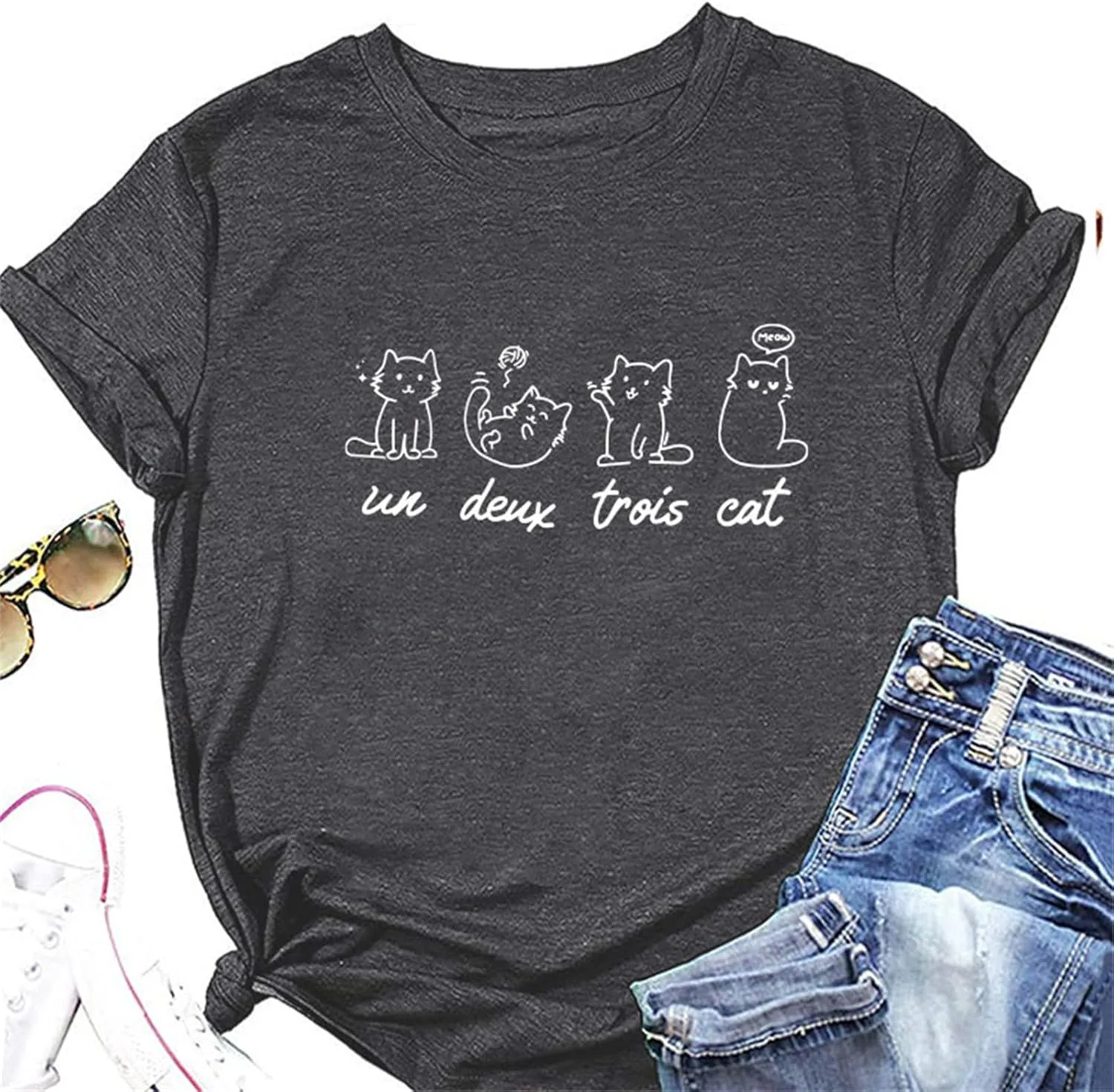 Meow Un Deux Trois Cat Shirt, Meow Cat Cute Graphic Tees for Women Pet Lover Short Sleeve Summer Tops