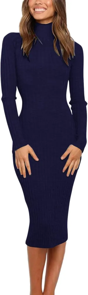 MEROKEETY Women's 2025 Ribbed Long Sleeve Sweater Dress High Neck Slim Fit Knitted Midi Dress