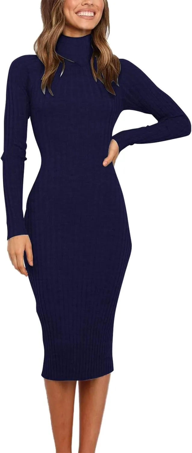 MEROKEETY Women's 2025 Ribbed Long Sleeve Sweater Dress High Neck Slim Fit Knitted Midi Dress