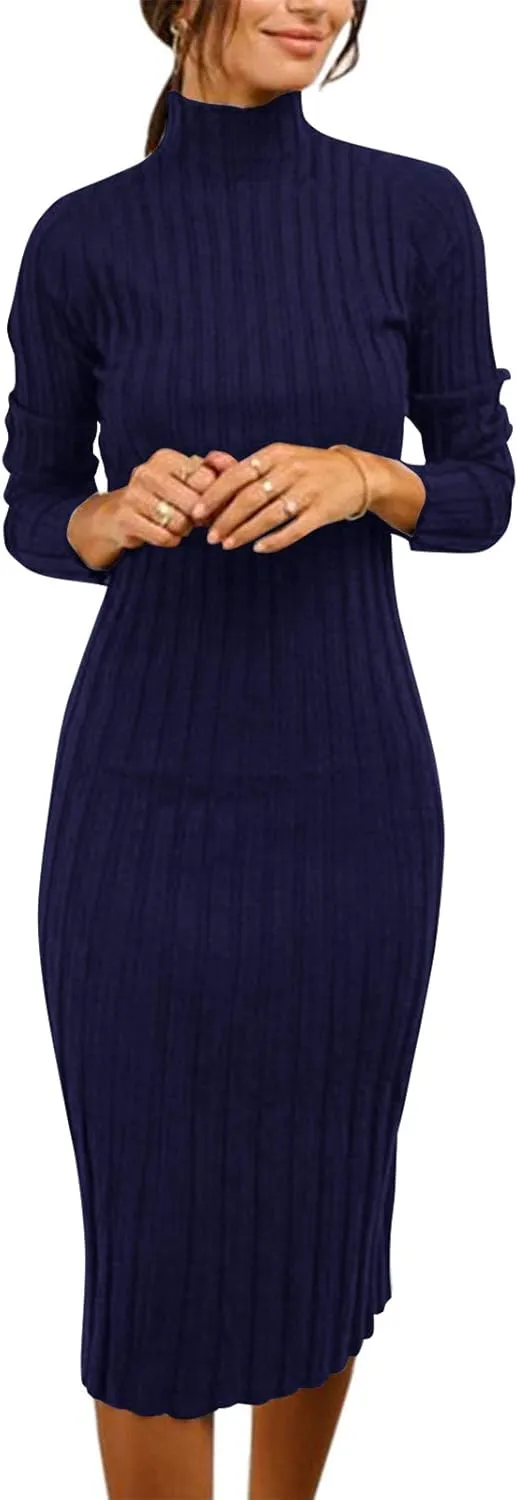 MEROKEETY Women's 2025 Ribbed Long Sleeve Sweater Dress High Neck Slim Fit Knitted Midi Dress