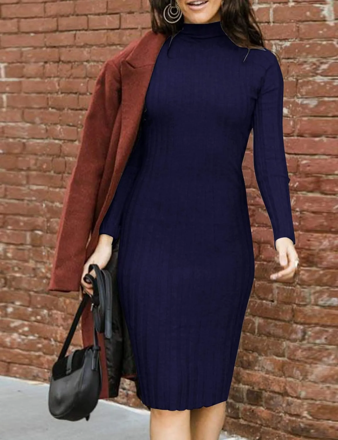 MEROKEETY Women's 2025 Ribbed Long Sleeve Sweater Dress High Neck Slim Fit Knitted Midi Dress